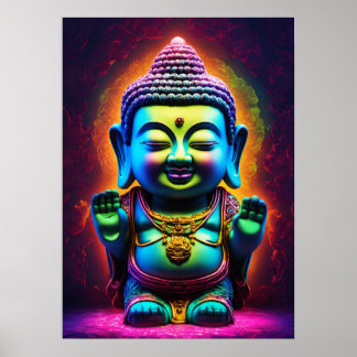 "Neon Harmony: Schattige 3D Boeddha in glas Poster