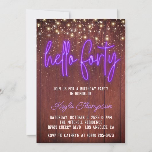 Neon Hello Quarty Wooden Birthday Invitation (Dos)