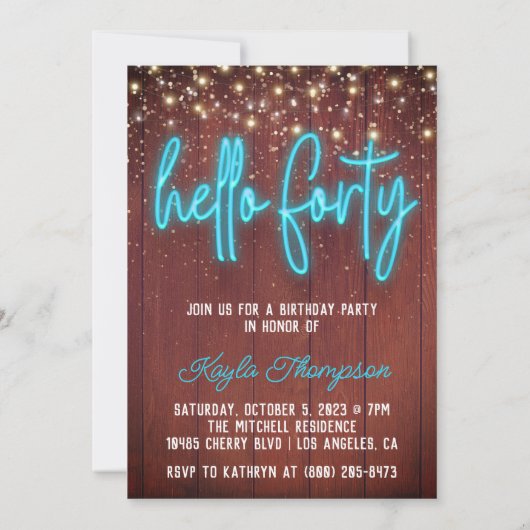 Neon Hello Quarty Wooden Birthday Invitation (Dos)