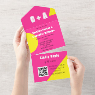 Neon Hot Pink Yellow Retro Modern Bold Elegant All In One Uitnodiging