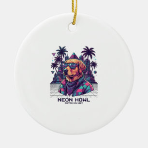 Neon Howl Retro K9 Unit Hond Zonnebril Palmboom_1 Keramisch Ornament
