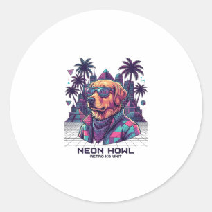 Neon Howl Retro K9 Unit Hond Zonnebril Palmboom_1 Ronde Sticker