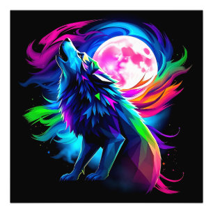 Neon Huilende Wolf met Volle Maan – Psychedelische Foto Afdruk
