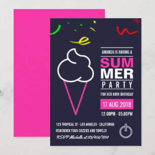Neon Ice Cream Summer Birthday Party Invitation Kaart