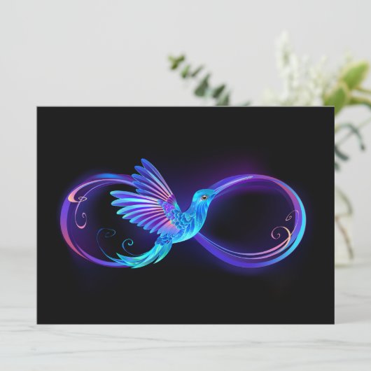 Neon Infinity Symbool met gloeiende Hummingbird Advieskaart (Staand voorkant)