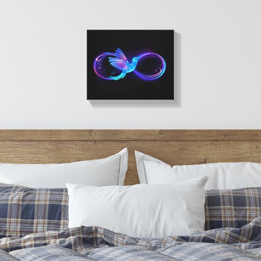 Neon Infinity Symbool met gloeiende Hummingbird Canvas Afdruk (Insitu (Slaapkamer))