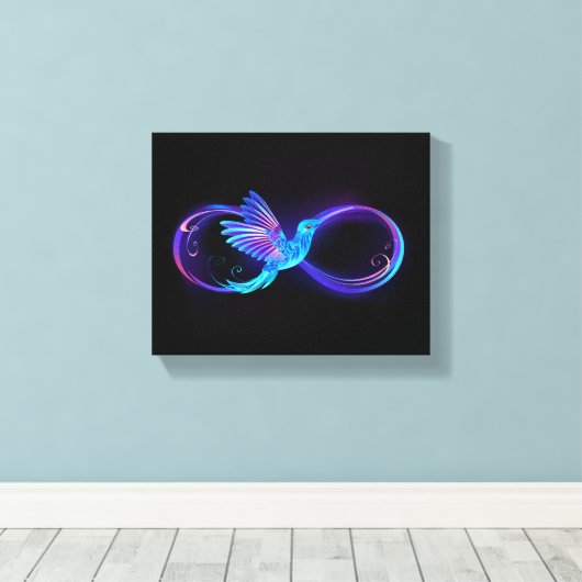 Neon Infinity Symbool met gloeiende Hummingbird Canvas Afdruk (Insitu (Houten vloer))