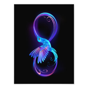 Neon Infinity Symbool met gloeiende Hummingbird Foto Afdruk