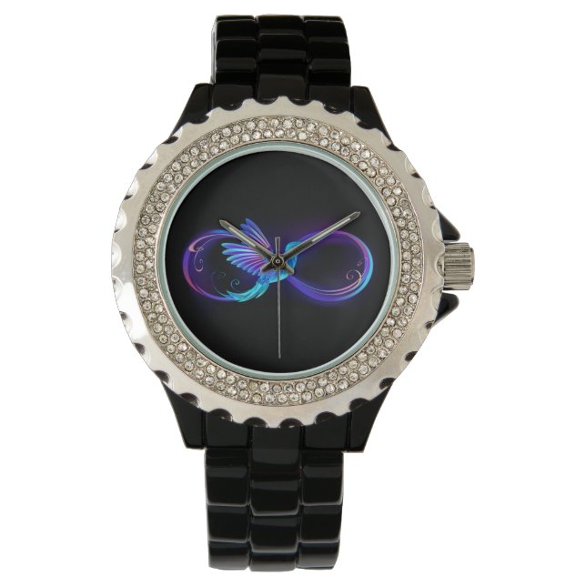 Neon Infinity Symbool met gloeiende Hummingbird Horloge (Voorkant)