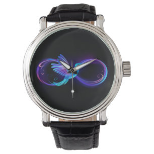 Neon Infinity Symbool met gloeiende Hummingbird Horloge