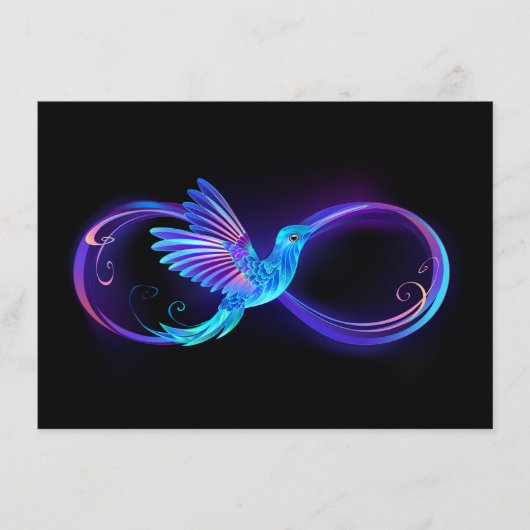 Neon Infinity Symbool met gloeiende Hummingbird Informatiekaartje (Voorkant)