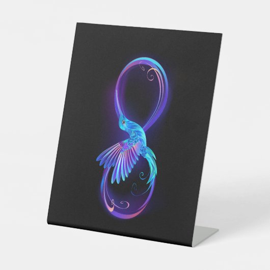 Neon Infinity Symbool met gloeiende Hummingbird Reclamebord Met Voetstuk (Voorkant)