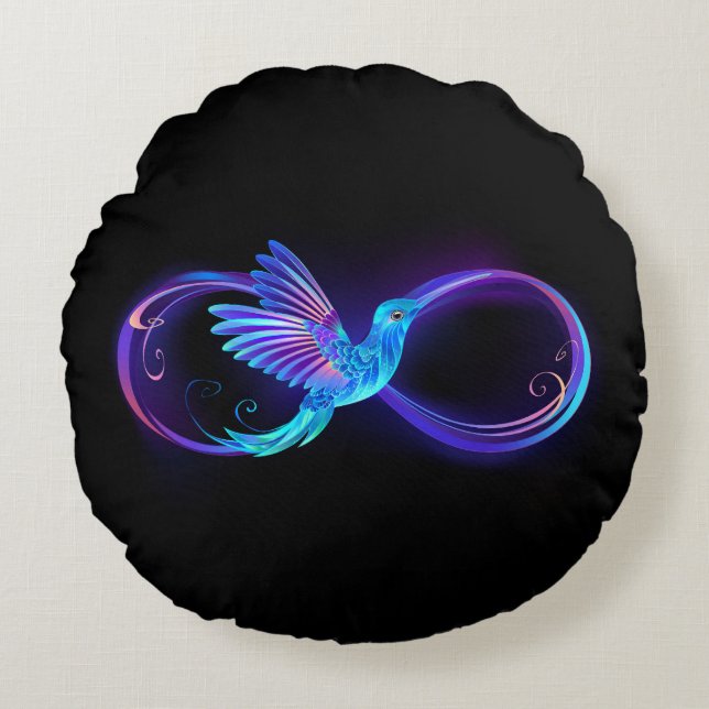 Neon Infinity Symbool met gloeiende Hummingbird Rond Kussen (Voorkant)