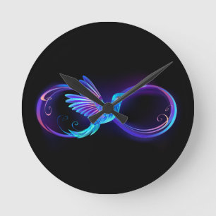 Neon Infinity Symbool met gloeiende Hummingbird Ronde Klok