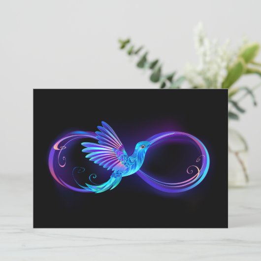 Neon Infinity Symbool met gloeiende Hummingbird Save The Date (Staand voorkant)
