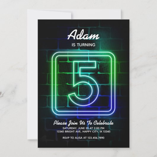 Neon invitation anniversaire Boy 5e anniversaire (Devant)