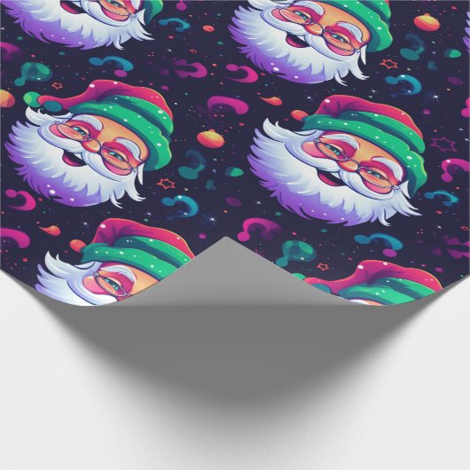 Neon Joyful Santa Pattern Cadeaupapier (Hoek)