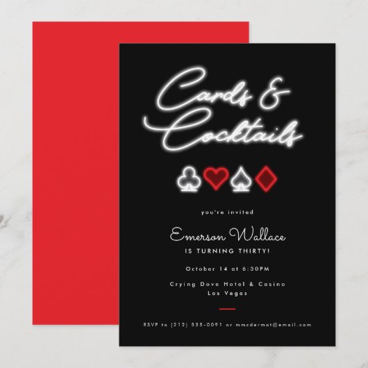 Neon Kaarten & Cocktails Birthday Party Invitation (Voorkant / Achterkant)