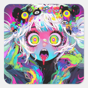Neon Kawaii Shockwave: psychedelische anime Vierkante Sticker