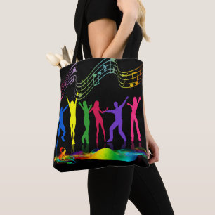 Neon kleuren dansen mensen met muziek symbolen Tas