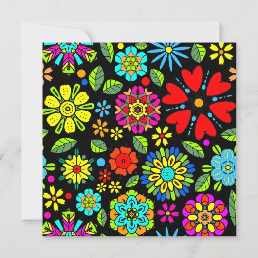 Neon Kleuren Op Zwarte Retro Bloemen Naadloos Patr Kaart (Voorkant)