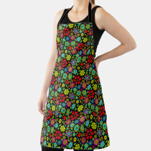 Neon Kleuren Op Zwarte Retro Bloemen Naadloos Patr Schort