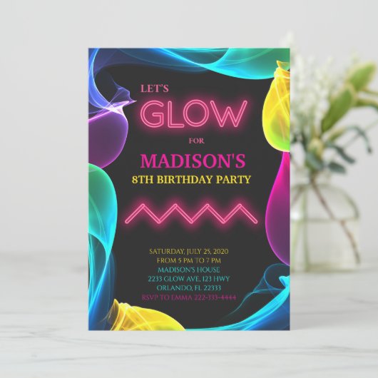 Neon Kleurrijke Glow Verjaardag Uitnodiging (Staand voorkant)