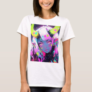 Neon Kleurrijke Kawaii Demon Anime Meisje T-shirt