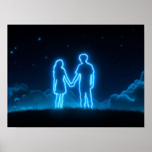 Neon Koppel dat Handen Vasthoudt Onder Sterrenheme Poster