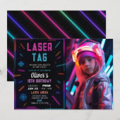 Neon Laser Tag Birthday Photo Invitation (Devant / Derrière)