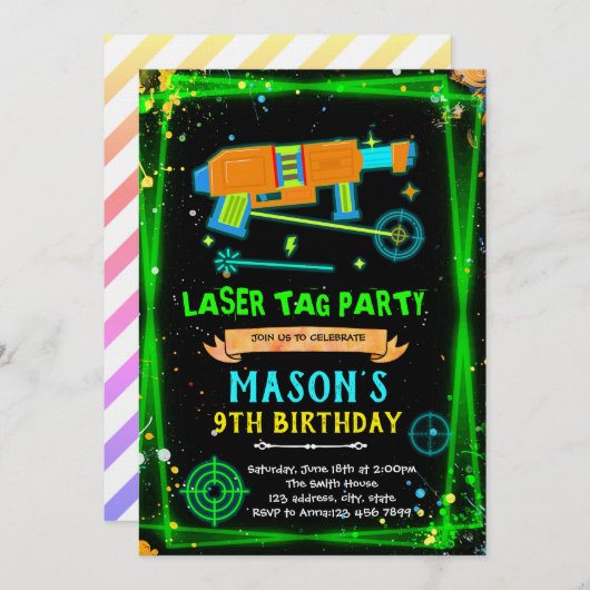 Neon Laser Tag boy theme invitation (Devant / Derrière)