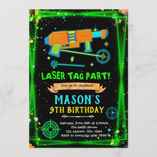 Neon Laser Tag boy theme invitation Kaart (Voorkant)