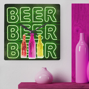 Neon LED Beer Sign Green Vierkante Klok