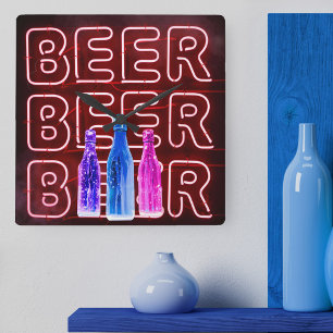Neon LED Bierbord rood Vierkante Klok