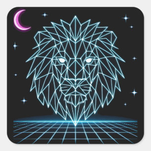 Neon Leeuw Synthwave - Retro Koning Roofdier Vierkante Sticker