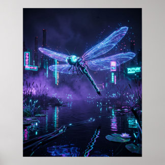 Neon Libelle Cyber Moerassen Kunstprint Poster