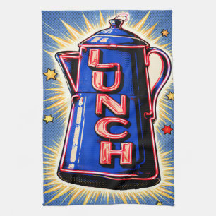 Neon Lichtreclame, Koffiepot, Lunch, POP Art Stijl Theedoek