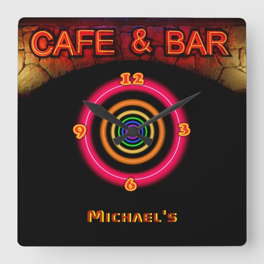 Neon Light BAR CAFE Personalized SIGN ManCave Vierkante Klok (Voorkant)
