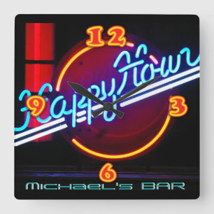 Neon Light BAR CLOCK - Aangepast, Happy Hour Vierkante Klok
