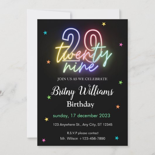 Neon Light Invitation 29e anniversaire (Devant)