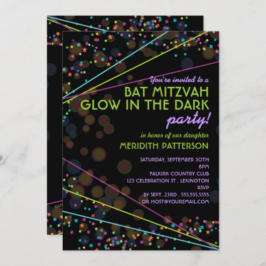Neon Lights Bat Mitzvah Glow in de Donkere partij Kaart (Voorkant / Achterkant)