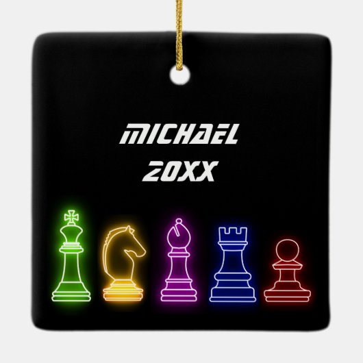 Neon Lights Chess Piecks Chess King Kerstmis Keramisch Ornament (Achterkant)