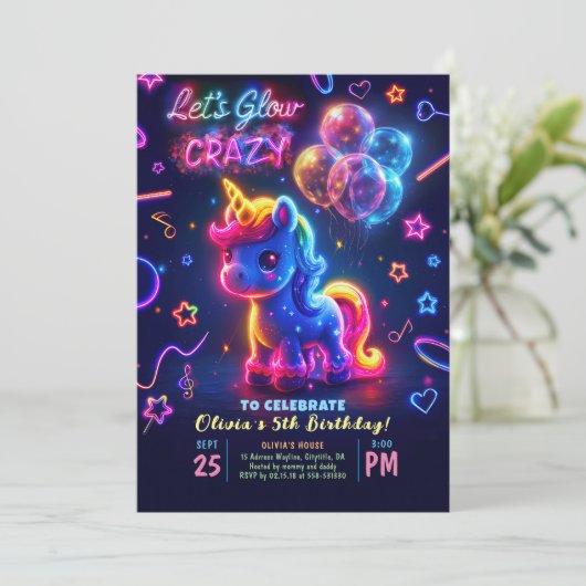 Neon Lights Gloeiende Leuke Eenhoorn Verjaardag Kaart (Staand voorkant)