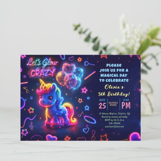 Neon Lights Gloeiende Leuke Eenhoorn Verjaardag Kaart (Staand voorkant)