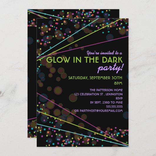 Neon Lights Glow in the Dark Party Invitation Kaart (Voorkant / Achterkant)