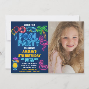Neon Lights Pool Anniversaire Invitation avec phot