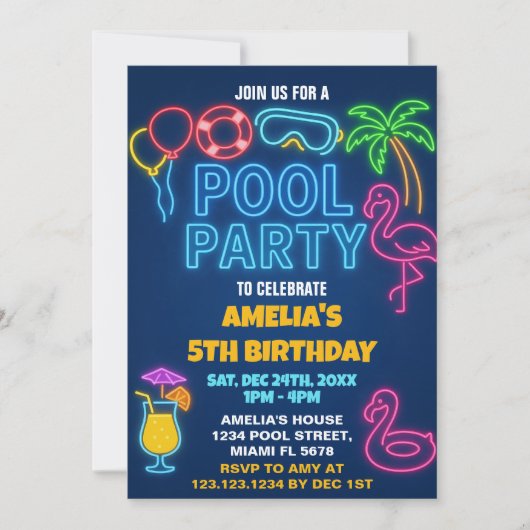 Neon Lights Pool Verjaardag Uitnodiging (Voorkant)