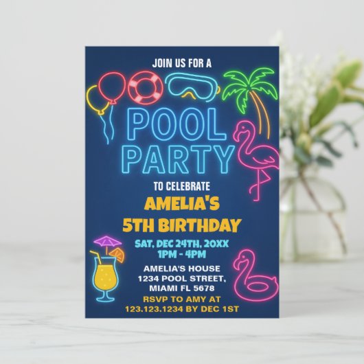 Neon Lights Pool Verjaardag Uitnodiging (Staand voorkant)