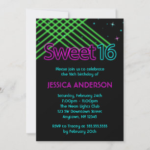 Neon Lights Sweet 16 Birthday Party Kaart