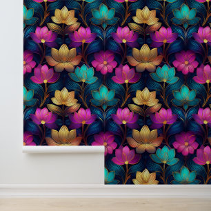 Neon Lotus Flowers Roze Blauwgroen Goud Bloemen Ab Behang